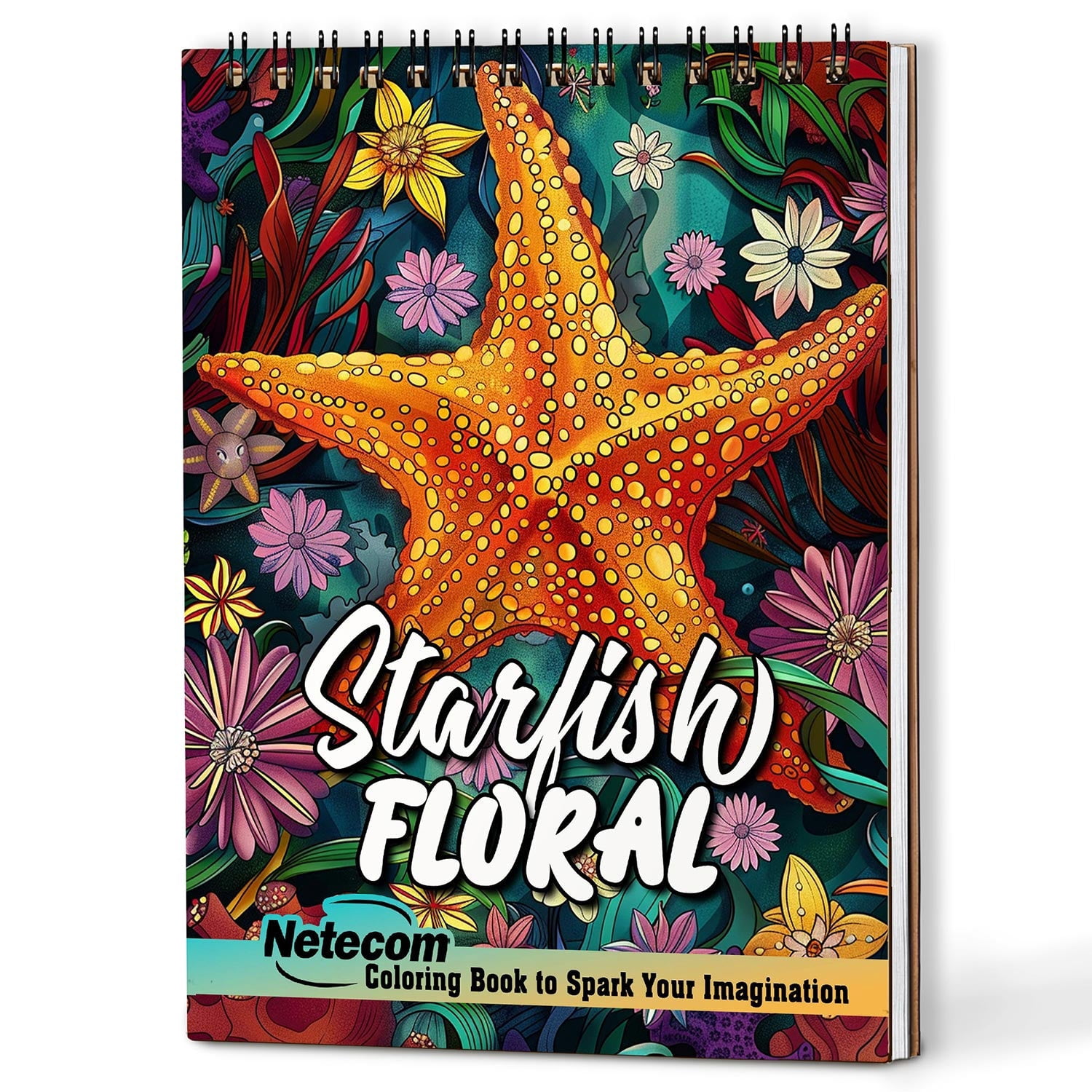 Netecom Floral Starfish Coloring Book for Adults, A5 Wooden Cover, Spiral Bound, 30 Intricate Designs Coloring Pages of Beautiful Variety of Starfish for Stress Relief and Relaxation