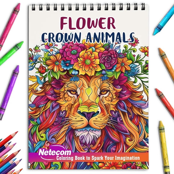 Netecom Flower Crown Animals Coloring Book for Adults, Spiral Bound, Soft Cover