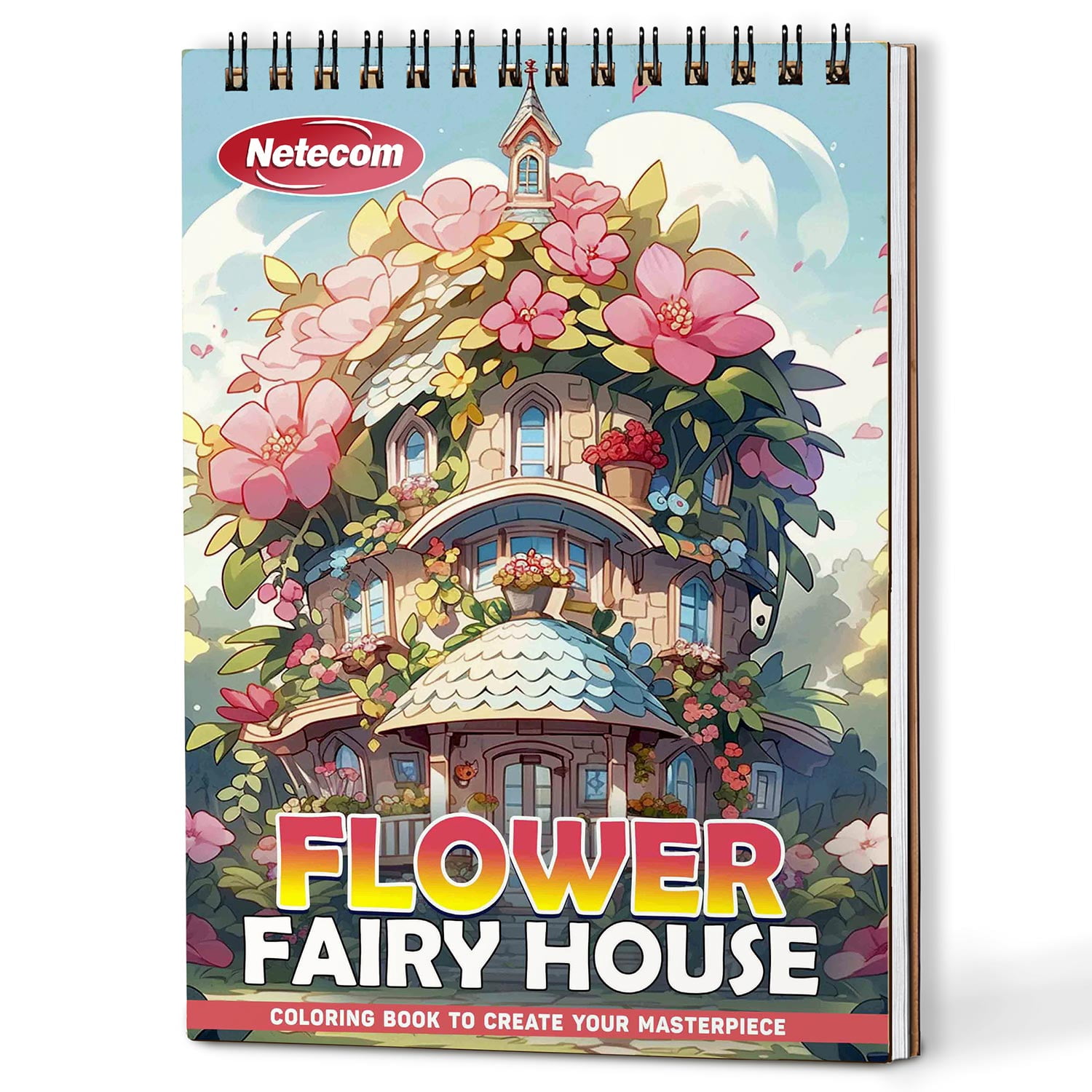 Netecom Flower Fairy House Coloring Book for Adults, A5 Wooden Cover, Spiral Bound Edition, 30 Delightful Coloring Pages of Fairy Garden for Stress Relief and Relaxation