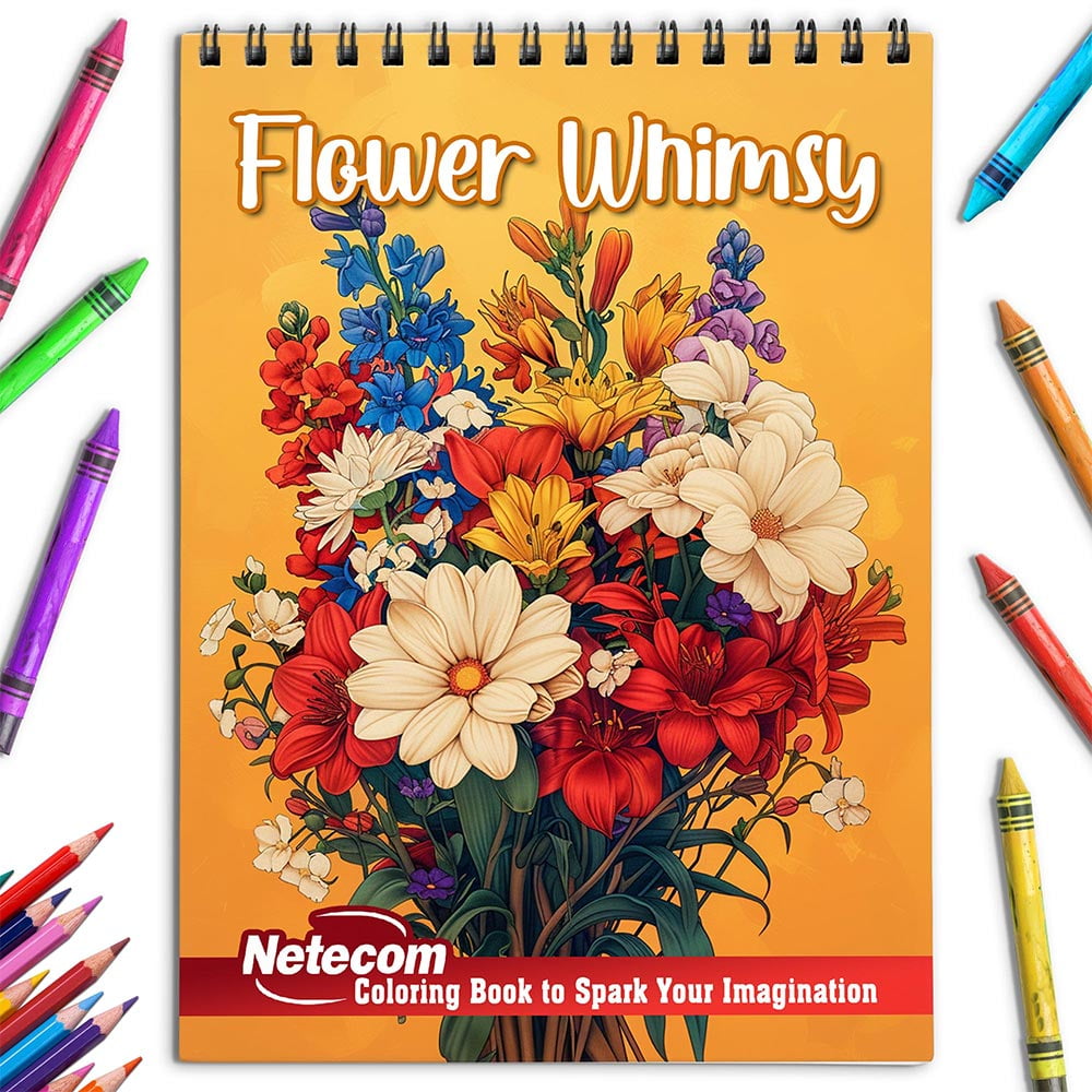 Netecom Flower Whimsy Coloring Book for Adults, Spiral Bound, Soft Cover