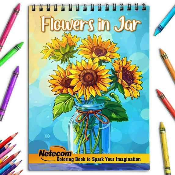 Netecom Flowers in Jar Coloring Book for Adults, Spiral Bound, Soft Cover