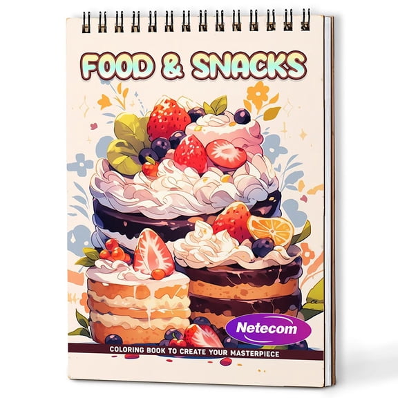 Netecom Food & Snacks Coloring Book Spiral Bound For Adults, A5 Wooden Cover, 30 Fun Coloring Pages of Comfort Foods for Stress Relief and Relaxation
