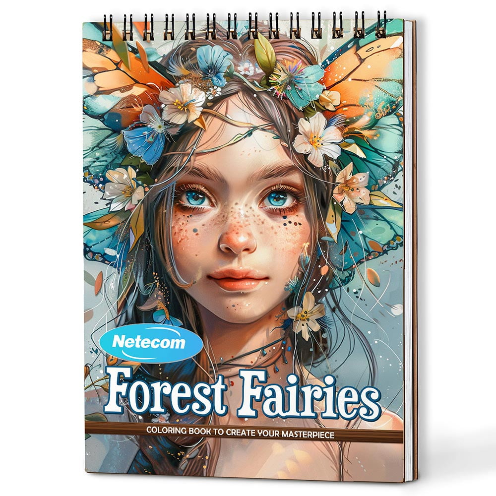 Netecom Forest Fairies Coloring Book Spiral Bound For Adults, A5 Wooden Cover, 30 Enchanting Coloring Pages of Fairies Amidst Magical Forests and Blossoms for Relaxation and Stress Relief