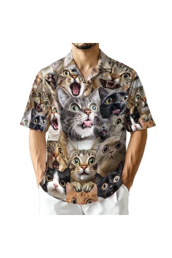 Funny Cats Kittens Hawaiian Shirt for Men, Cat Memes Button Down Summer Beach Short Sleeve, Sizes S-5XL