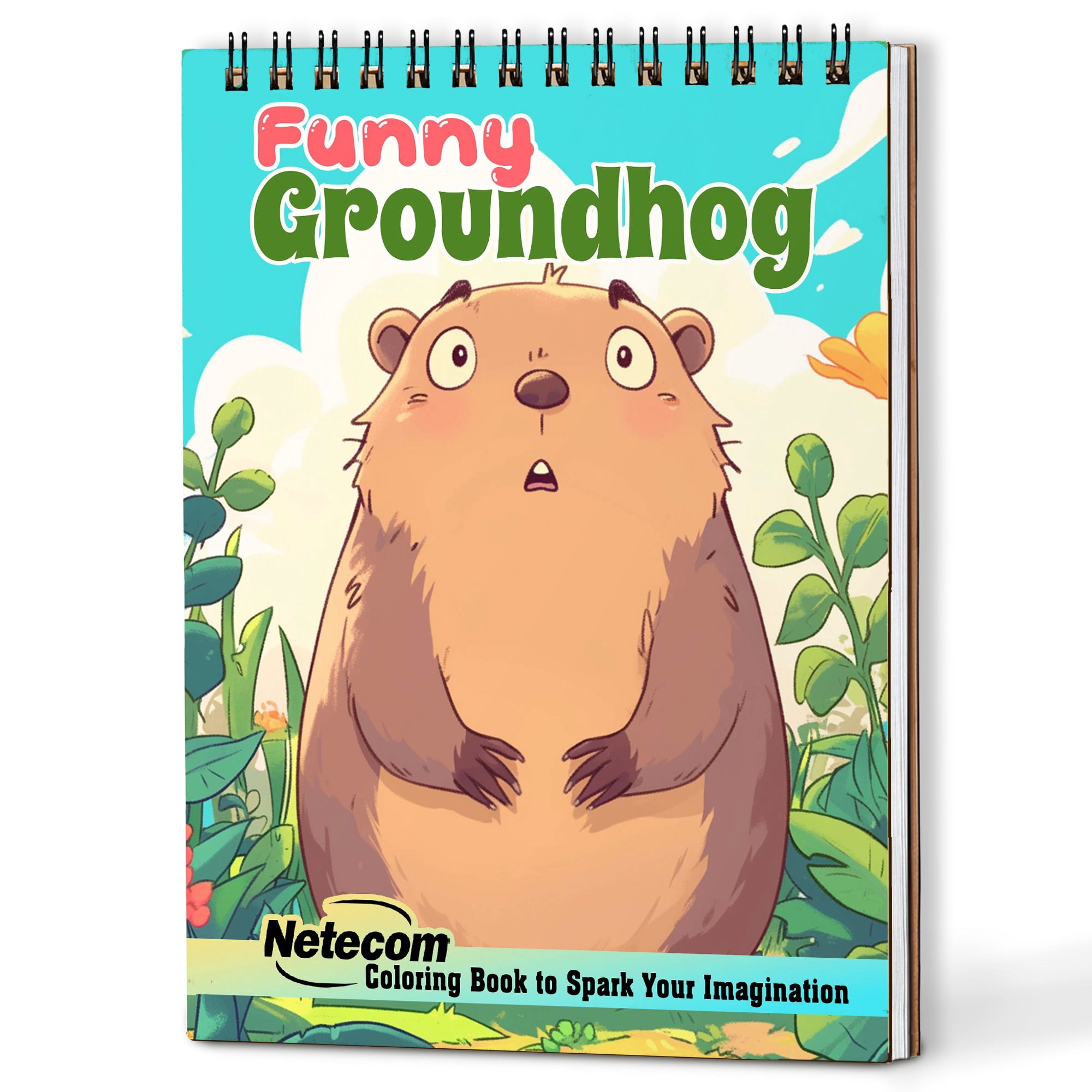 Netecom Funny Groundhog Coloring Book Spiral Bound for Adults, A5 Wooden Cover, Spiral Bound, 30 Cute Coloring Pages in Happy Groundhog Day for Stress Relief and Relaxation