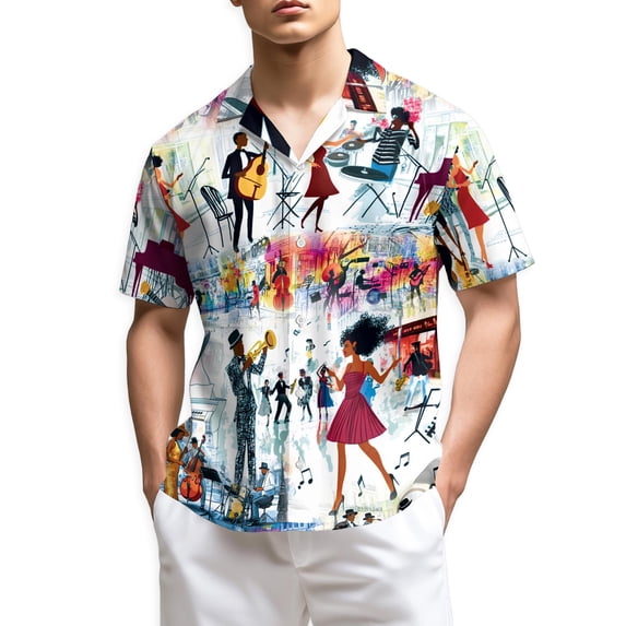 Netecom Funny Jazz Hawaiian Shirt for Men, Retro Style, Button Down Summer Beach Short Sleeve, S-5XL