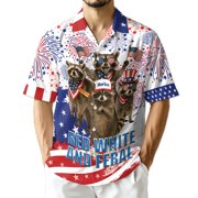 Netecom Funny Red White and Feral Hawaiian Shirt for Men, 4th of July Gifts, Patriotic Raccoon Button Down Summer Beach Shirts, S-5XL