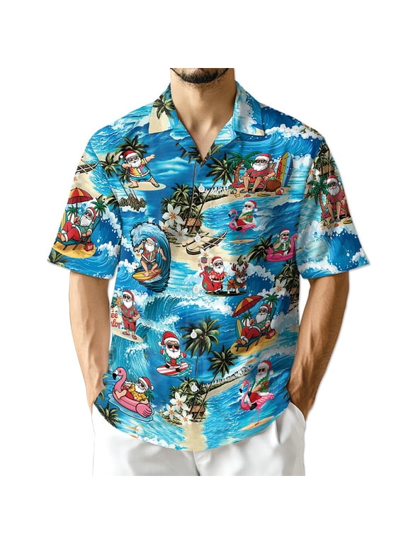 Funny Santa Claus Surfing Dolphin Hawaiian Shirt for Men, Tropical Style, Button Down Summer Beach Short Sleeve, S-5XL