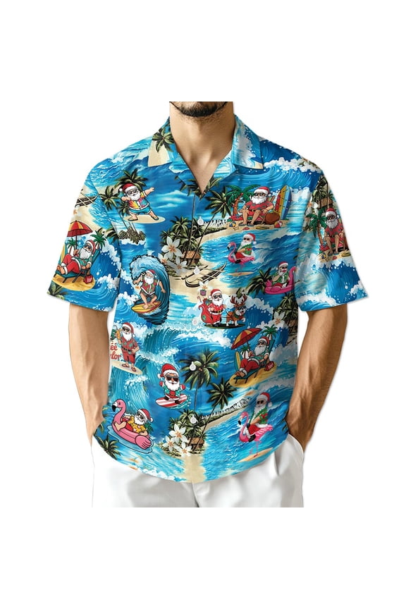 Funny Santa Claus Surfing Dolphin Hawaiian Shirt for Men, Tropical Style, Button Down Summer Beach Short Sleeve, S-5XL