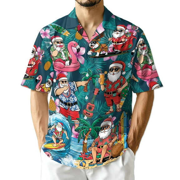 Netecom Funny Santa Claus Surfing Hawaiian Shirt for Men Women, Christmas In July Button Down Summer Beach Shirts, S-5XL