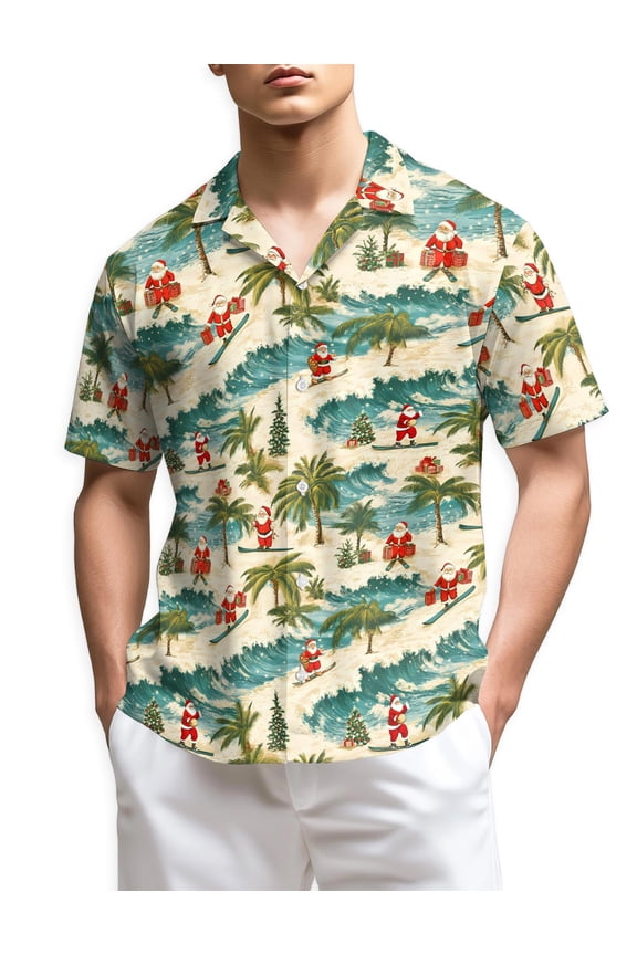 Funny Santa Surfing Hawaiian Shirt for Men, Tropical Style, Button Down Summer Beach Short Sleeve, S-5XL