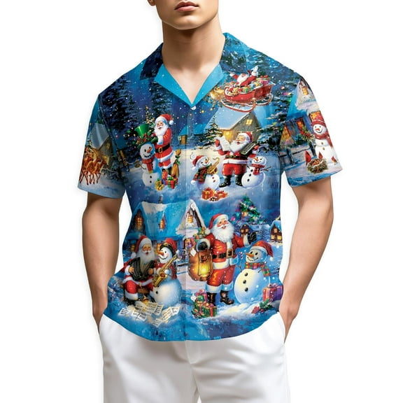Netecom Funny Santa and Snowman Hawaiian Shirt, Musical Christmas Village Gift Button Down Short Sleeve Shirt, S-5XL