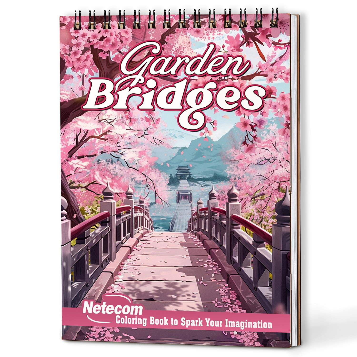 Netecom Garden Bridges Coloring Book Spiral Bound for Adults, A5 Wooden Cover, 30 Enchanting Coloring Pages of Mysterious Garden for Stress Relief and Relaxation