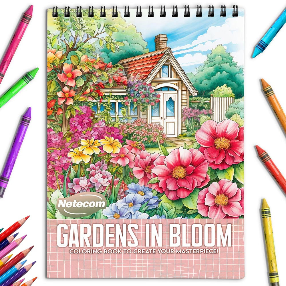Netecom Gardens in Bloom Coloring Book for Adults, Spiral Bound, Soft Cover