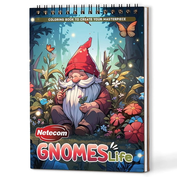 Netecom Gnomes Life Coloring Book Spiral Bound for Adults, A5 Wooden Cover, 30 Delightful Coloring Pages of Gnome Homes with Joyful Energy for Stress Relief and Relaxation