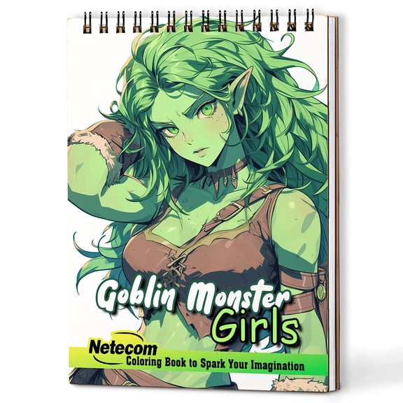 Netecom Goblin Monster Girls Coloring Book Spiral Bound for Adults, A5 Wooden Cover, 30 Playful Girl Illustrations of Mysterious Beast for Stress Relief and Relaxation