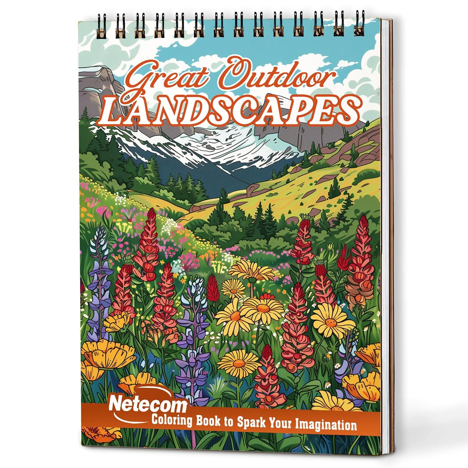 Netecom Great Outdoor Landscapes Coloring Book Spiral Bound for Adults, A5 Wooden Cover, 30 Majestic Coloring Pages of Wild Nature Scenes for Stress Relief and Relaxation