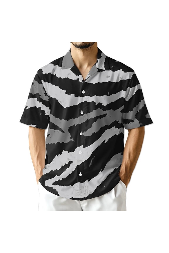 Grey Tiger Stripe Camouflage Hawaiian Shirt for Men, Vintage Style, Button Down Summer Beach Short Sleeve, S-5XL