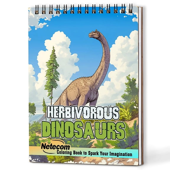 Netecom Herbivorous Dinosaurs Coloring Book for Adults, A5 Wooden Cover, 30 Epic Coloring Pages of Herbivorous Dinosaurs for Stress Relief and Relaxation, Spiral Bound Edition