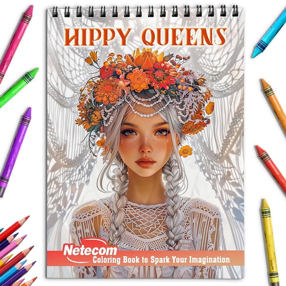 Netecom Hippy Queens Coloring Book for Adults, Spiral Bound, Soft Cover