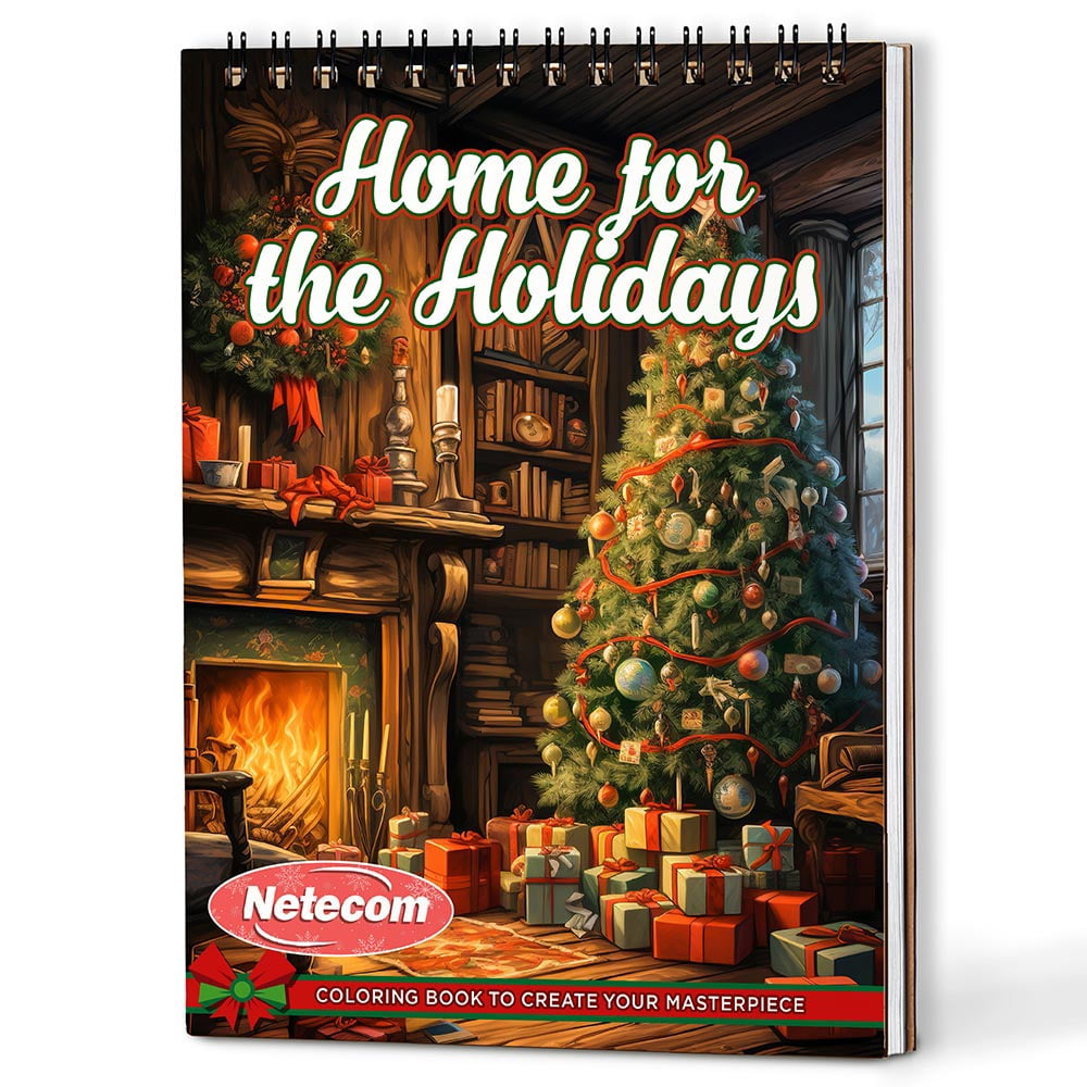 Netecom Home for the Holidays Coloring Book Spiral Bound For Adults, A5 Wooden Cover, 30 Cozy Coloring Pages of Festive Family Gatherings in Xmas Scenes for Stress Relief and Relaxation