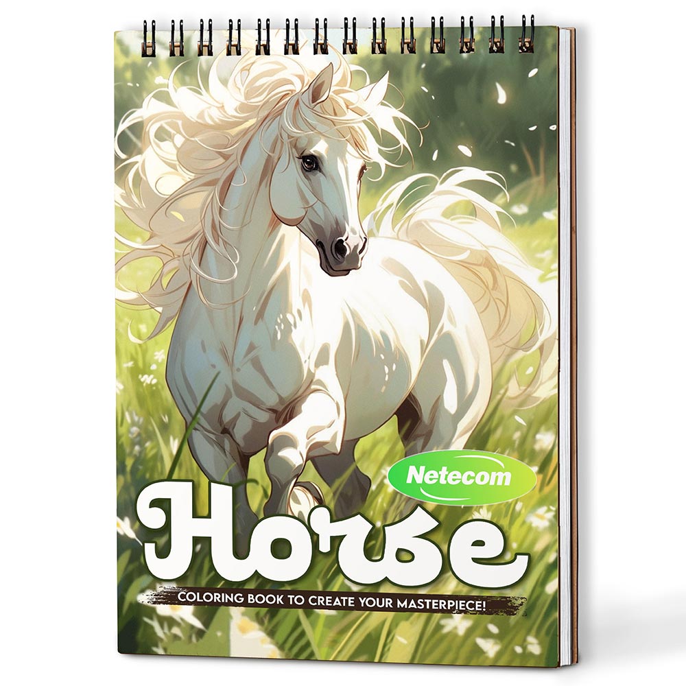 Netecom Horse Coloring Book Spiral Bound For Adults, A5 Wooden Cover, 30 Majestic Coloring Pages of Horses in Nature for Stress Relief and Relaxation