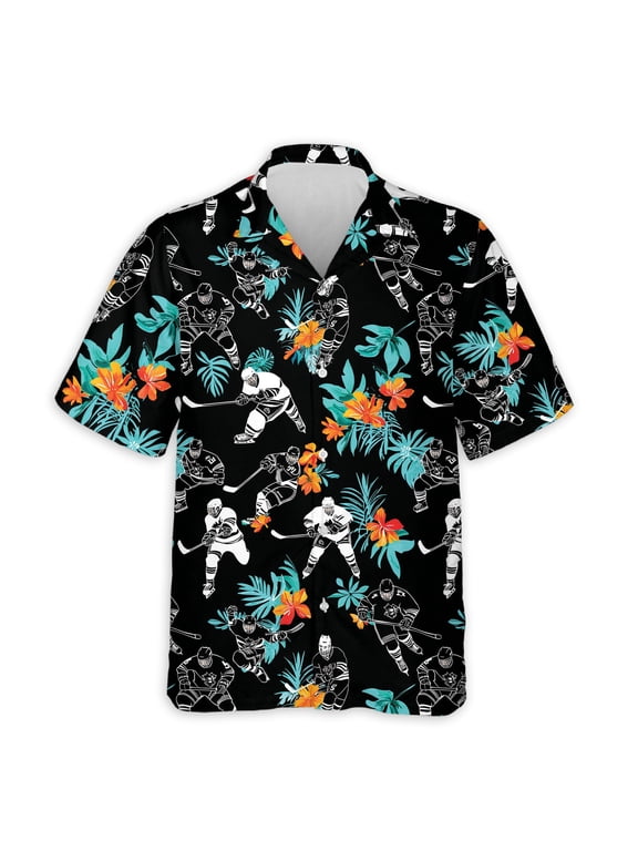 Ice Hockey Player Black Tropical Flower Hawaiian Shirt for Men, Button Down Summer Beach Short Sleeve, S-5XL