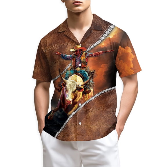 Netecom It's Rodeo Time Bull Riding Hawaiian Shirt for Men, Western Rodeo Style, Button Down Summer Beach Short Sleeve, S-5XL