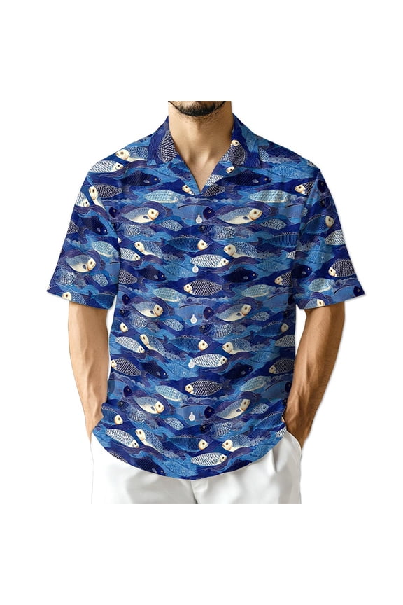 Japanese Fish Pattern Shirt for Men, Retro Style, Button Down Summer Beach Short Sleeve, S-5XL