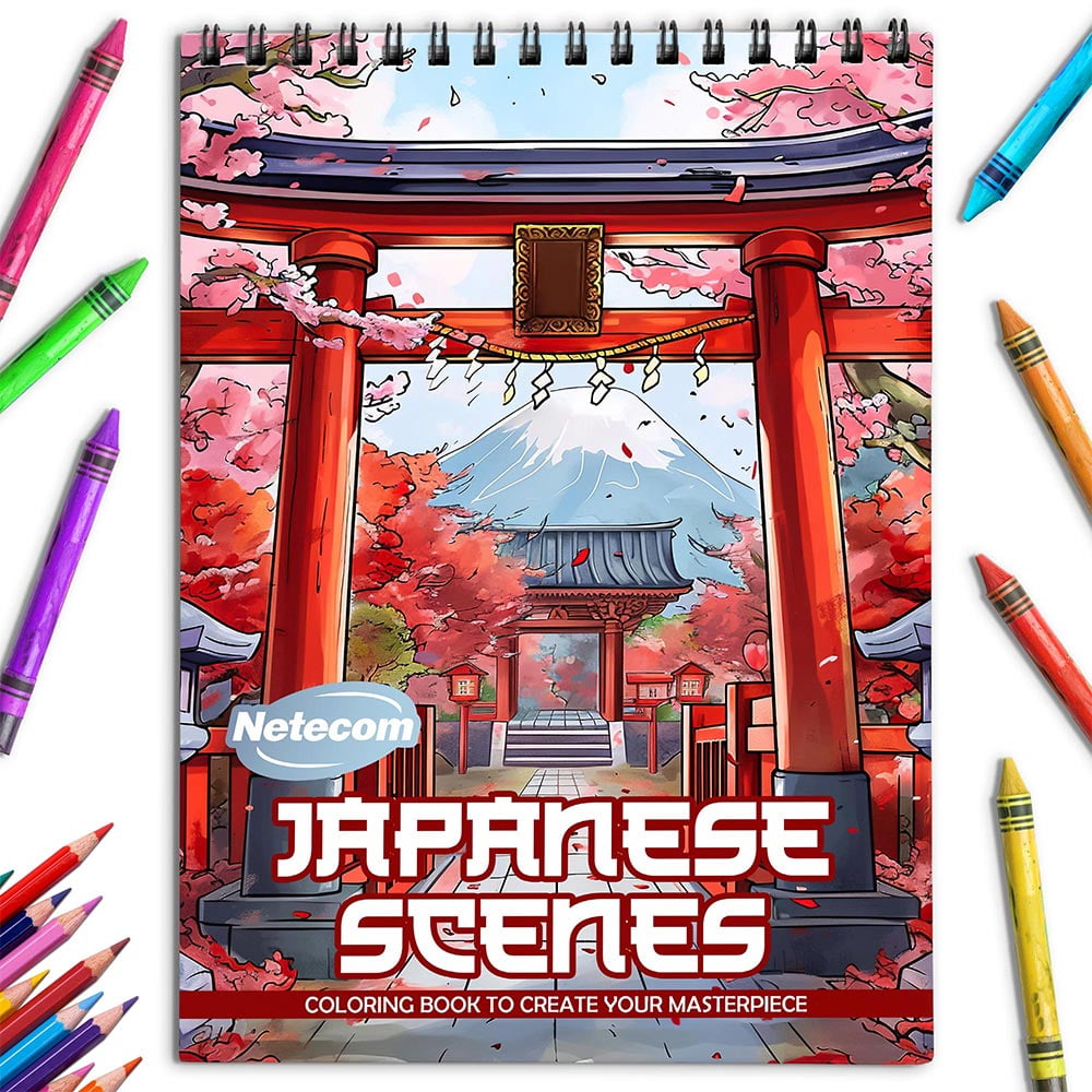 Netecom Japanese Scenes Coloring Book for Adults, Spiral Bound, Soft Cover