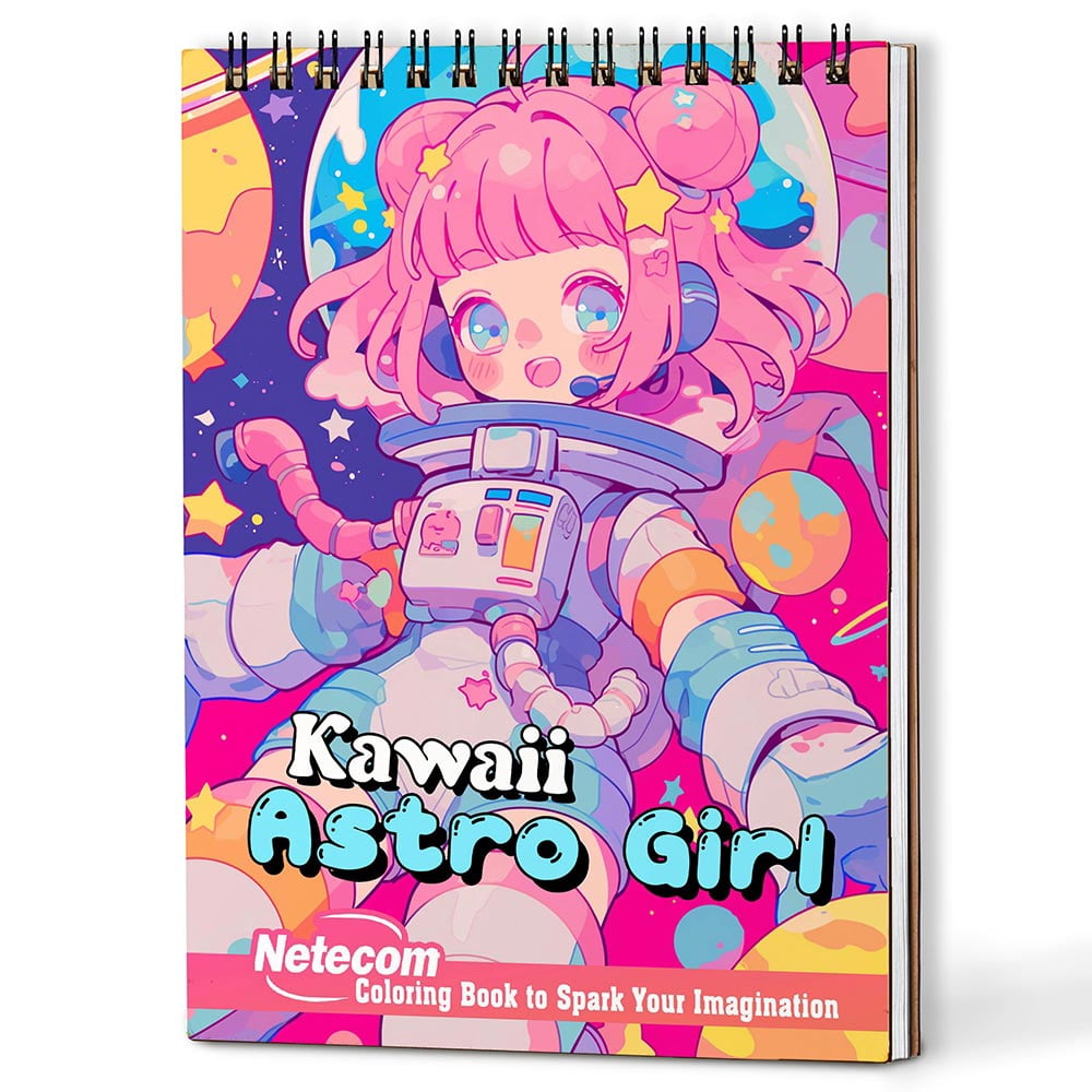 Netecom Kawaii Astronaut Girl Coloring Book for Adults and Women, A5 Wooden Cover, 30 Fantastic Outer Space Coloring Pages of Astronaut Girl for Stress Relief and Relaxation, Spiral Bound Edition
