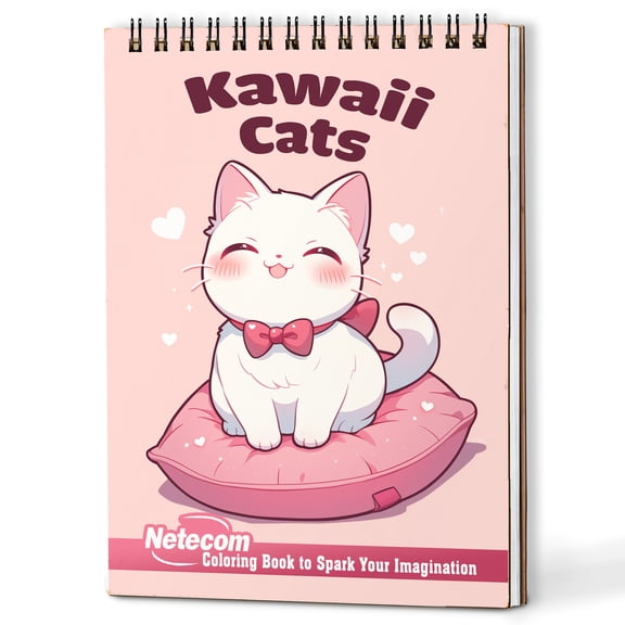 Netecom Kawaii Cats Coloring Book Spiral Bound for Adults, Wooden Cover, 30 Cute Coloring Pages of Playful Cat for Stress Relief and Relaxation