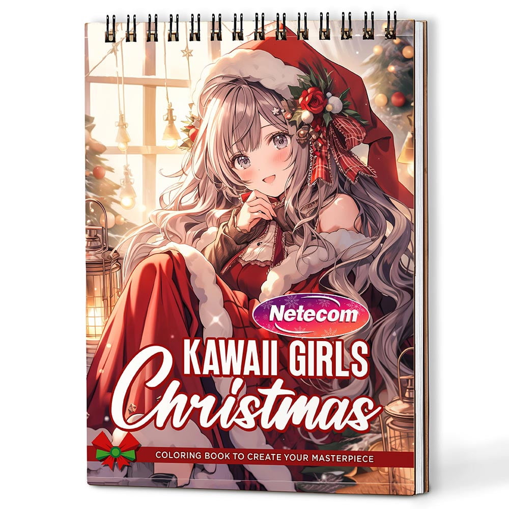 Netecom Kawaii Girls Christmas Coloring Book Spiral Bound for Adults, A5 Wooden Cover, 30 Joyful Coloring Pages of Anime Girls Enjoying the Xmas Holiday for Stress Relief and Relaxation