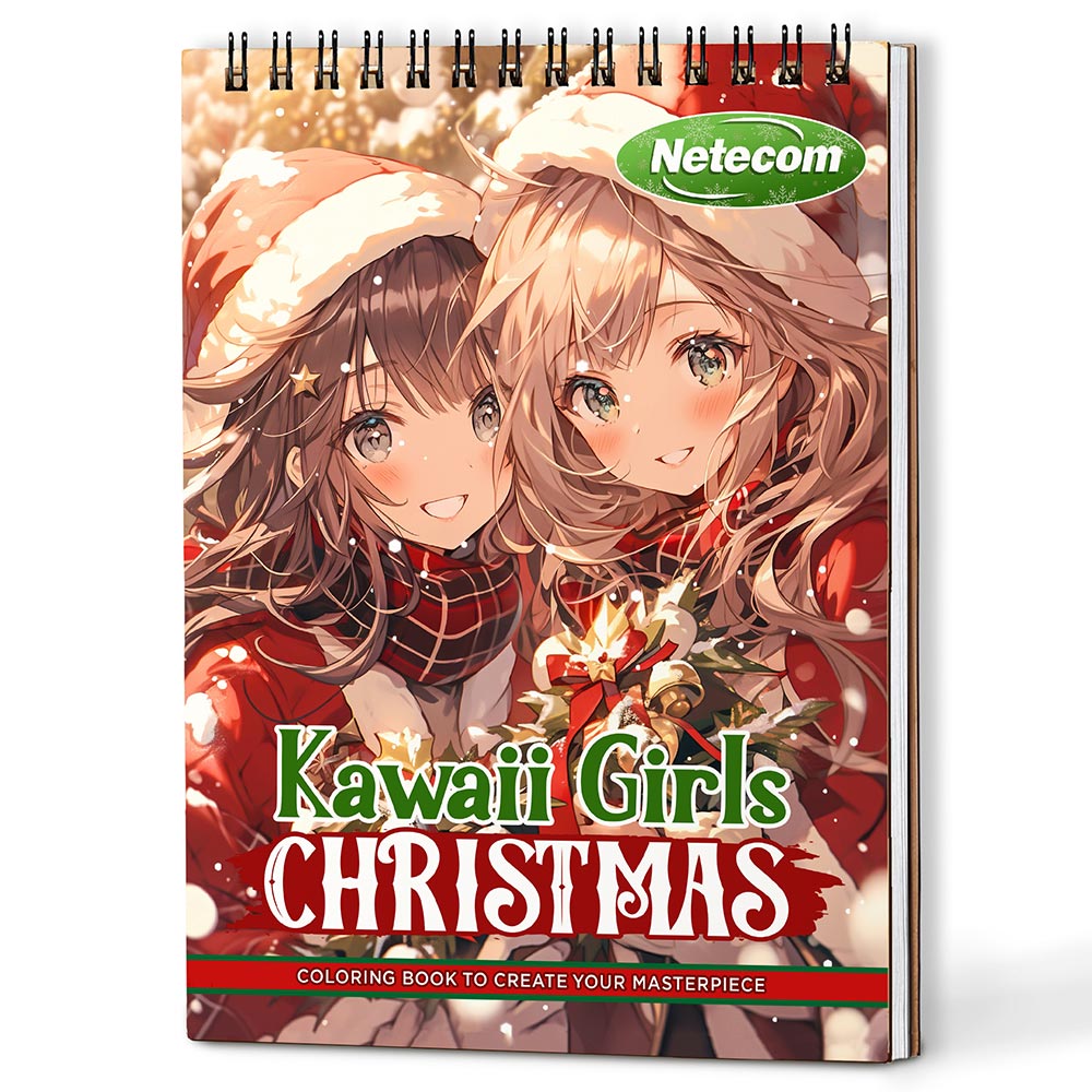 Netecom Kawaii Girls Christmas Coloring Book Spiral Bound for Adults, A5 Wooden Cover, 30 Whimsical Coloring Pages of Anime Girls Enjoying the Christmas Holiday for Stress Relief and Relaxation