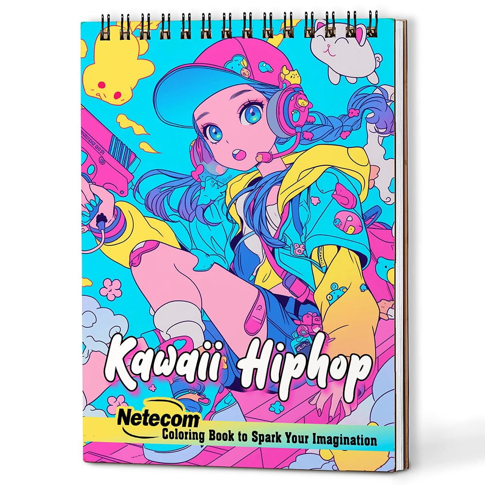 Netecom Kawaii Hiphop Coloring Book for Adults, A5 Wooden Cover, Spiral Bound Edition, 30 Stylish and Playful Coloring Pages of Trendy Hiphop Girls for Stress Relief and Relaxation