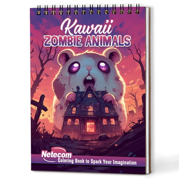 Netecom Kawaii Zombie Animals Coloring Book Spiral Bound for Adults, Wooden Cover, 30 Cute Coloring Pages of Zombie Creatures for Stress Relief and Relaxation