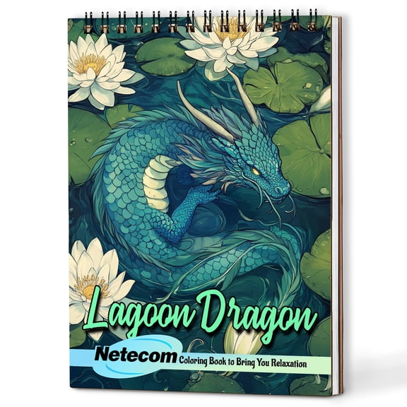 Netecom Lagoon Dragon Coloring Book for Adults, A5 Wooden Cover, Spiral Bound Edition, 30 Mystical Coloring Pages of Swamp Dragons for Stress Relief and Relaxation