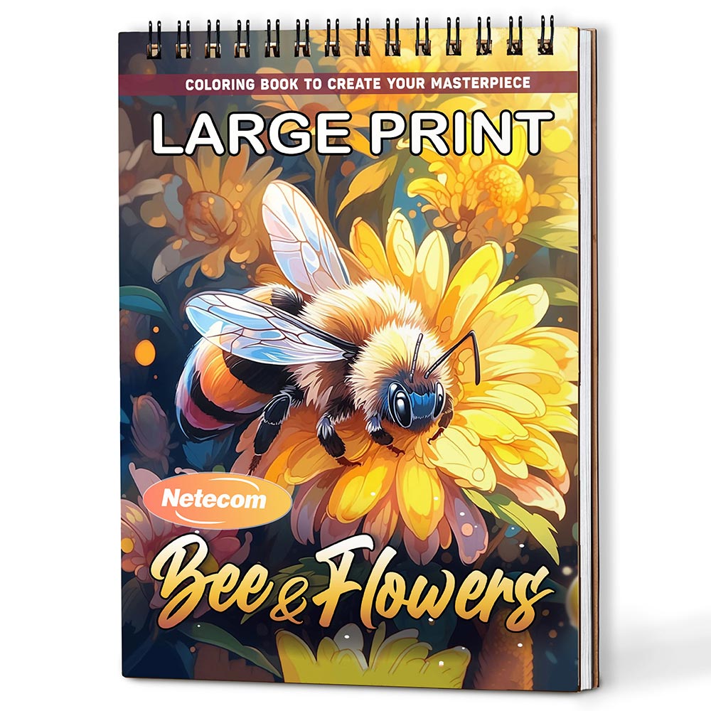 Netecom Large Print Bee and Flowers Coloring Book Spiral Bound For Adults, A5 Wooden Cover, 30 Beautiful Coloring Pages in Bees and Blooming Flowers for Stress Relief and Relaxation