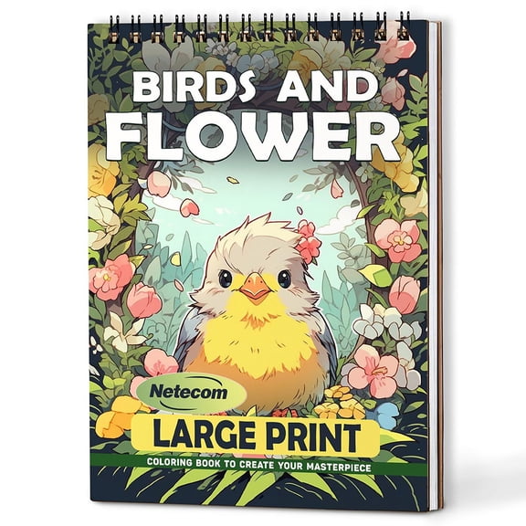 Netecom Large Print Birds And Flower Coloring Book Spiral Bound For Adults, A5 Wooden Cover, 30 Beautiful Coloring Pages in Elegant Floral and Avian Patterns for Stress Relief and Relaxation