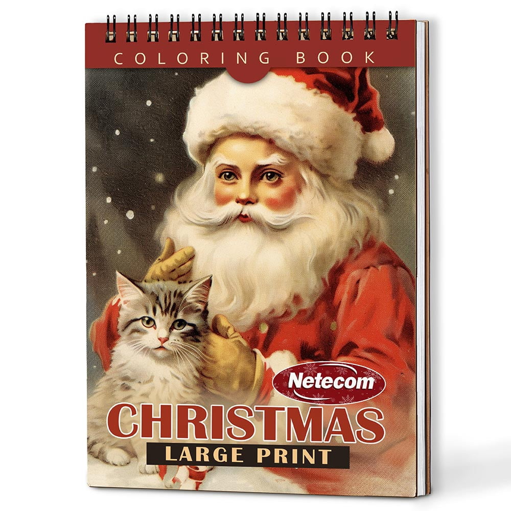 Netecom Large Print Christmas Coloring Book Spiral Bound for Adults, A5 Wooden Cover, 30 Elegant Coloring Pages of Cute Decorating the Christmas Tree for Stress Relief and Relaxation