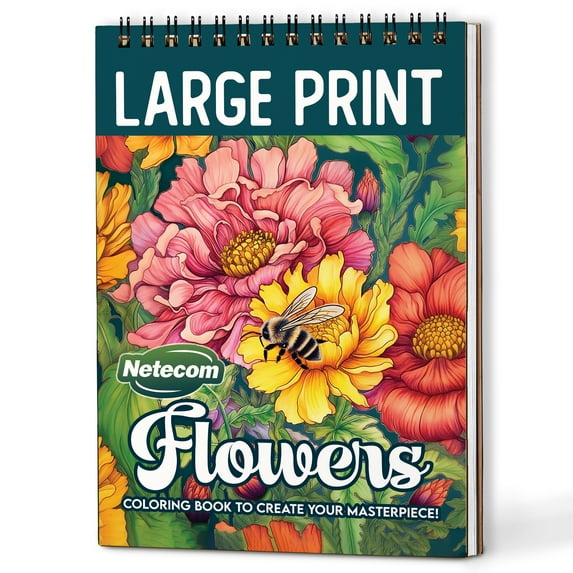 Netecom Large Print Flowers Coloring Book Spiral Bound for Adults and Seniors, A5 Wooden Cover, 30 Delightful Blossom Designs Coloring Pages of Big Print Style for Stress Relief and Relaxation