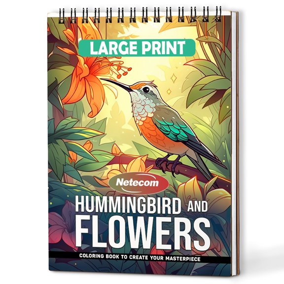 Netecom Large Print Hummingbird and Flowers Coloring Book Spiral Bound For Adults, A5 Wooden Cover, 30 Charming Coloring Pages in Delicate Hummingbird and Flower for Stress Relief and Relaxation