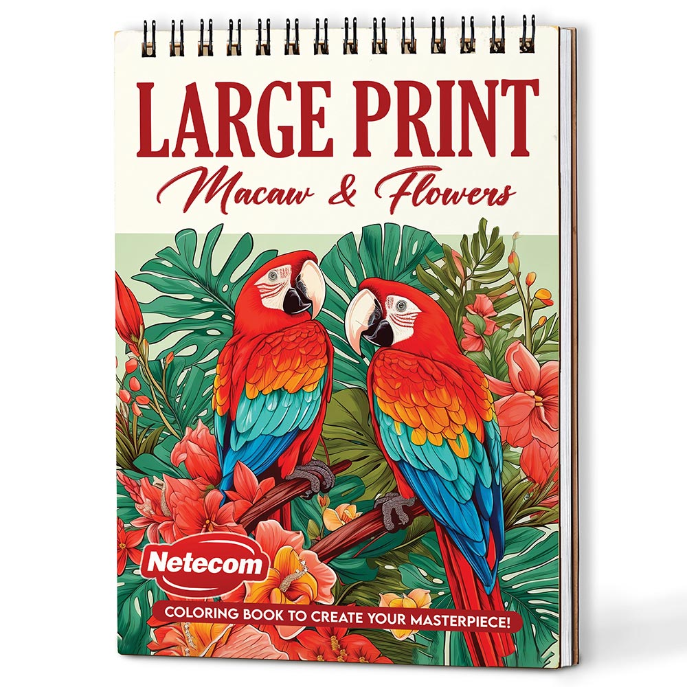 Netecom Large Print Macaw and Flowers Coloring Book Spiral Bound for Adults, A5 Wooden Cover, 30 Exquisite Parrot and Floral Coloring Pages for Stress Relief and Relaxation