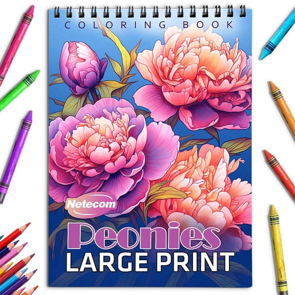 Netecom Large Print Peonies Coloring Book for Adults, Spiral Bound, Soft Cover