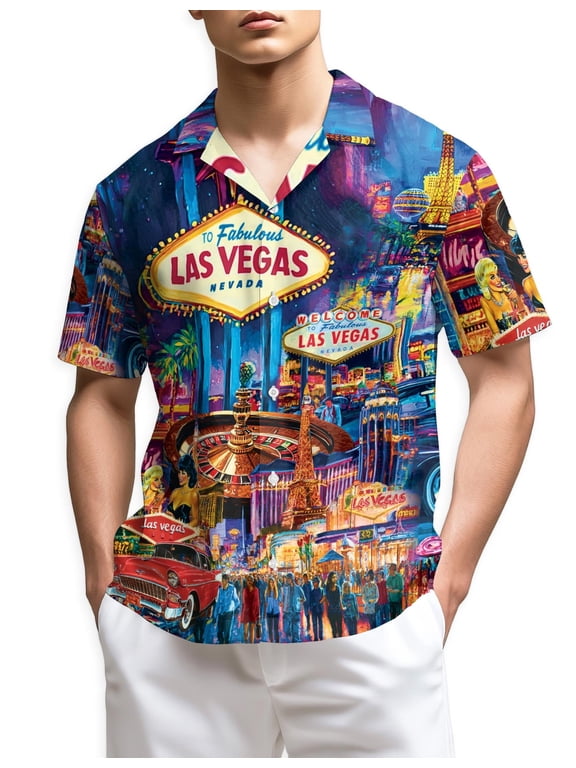 Las Vegas Hawaiian Shirt for Men, Neon Style, Button Down Summer Beach Short Sleeve, S-5XL