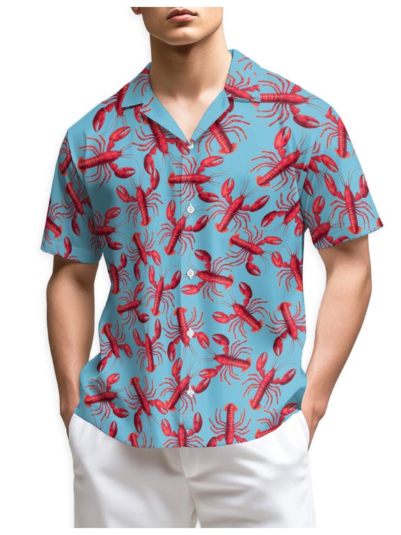 Lobster Red Pattern Hawaiian Shirt for Men, Button Down Summer Beach Short Sleeve, Vintage Style, Sizes S-5XL