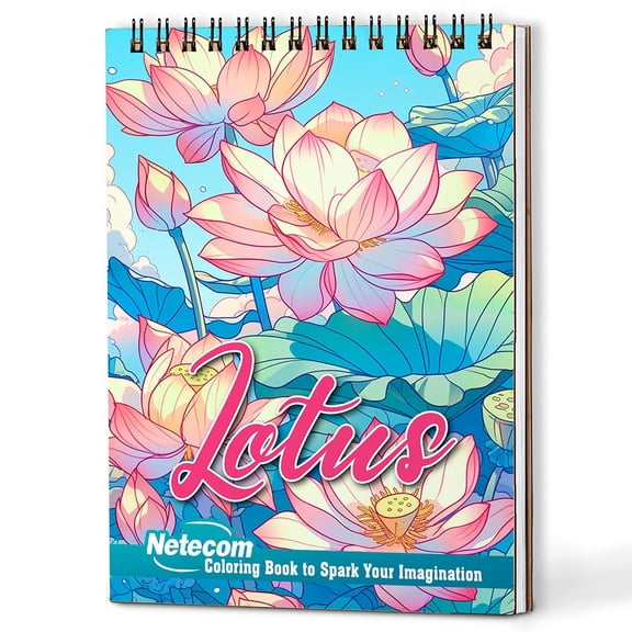 Netecom Lotus Coloring Book Spiral Bound for Adults, A5 Wooden Cover, 30 Large Print Coloring Pages of Blooming Lotuses for Stress Relief and Relaxation