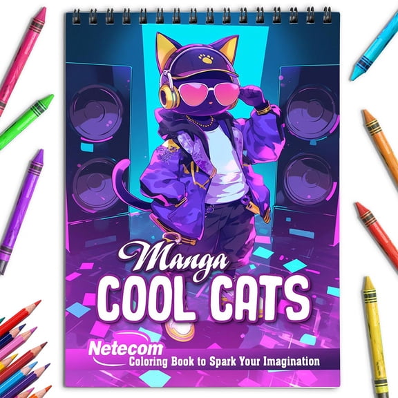 Netecom Manga Cool Cats Coloring Book for Adults, Spiral Bound, Soft Cover