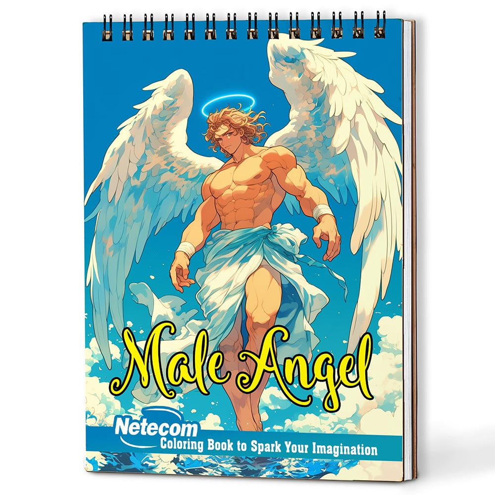 Netecom Male Angel Coloring Book Spiral Bound for Adults, A5 Wooden Cover, 30 Handsome Coloring Pages of Enchanted Beauties from Heaven for Stress Relief and Relaxation