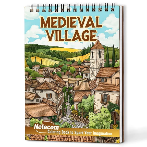 Netecom Medieval Village Coloring Book Spiral Bound for Adults, A5 Wooden Cover, 30 Beautiful Coloring Pages of Peaceful Countryside in Middle Ages for Stress Relief and Relaxation